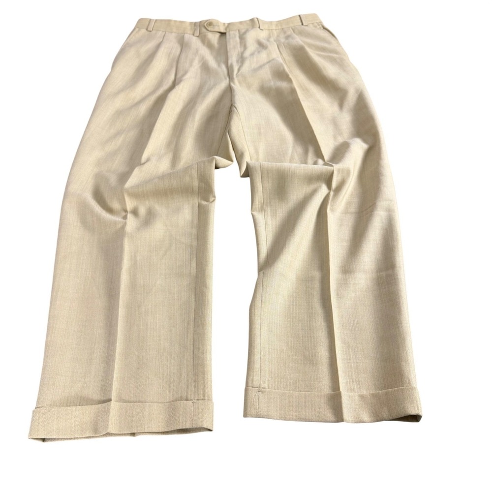 Ralph Lauren Mens Tan Herringbone Pleated Cuffed Dress‎ Pants Trousers 38 X 29